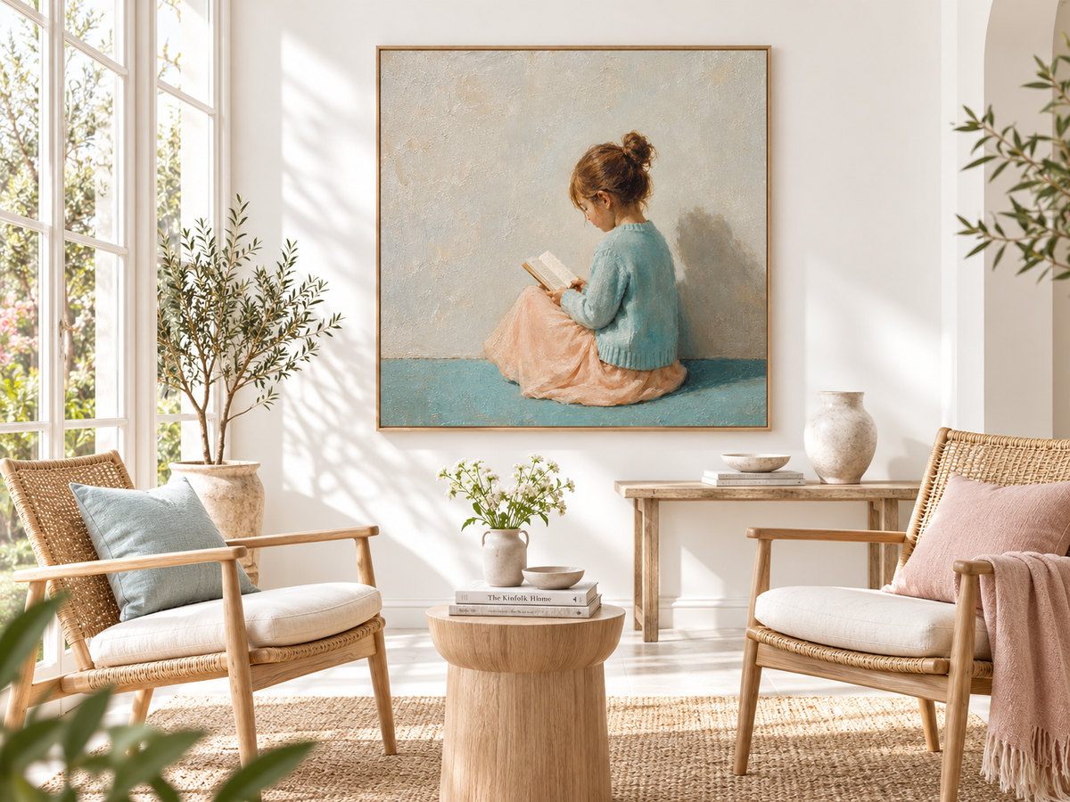 Girl Reading in Blue Canvas Art, styled in a hallway