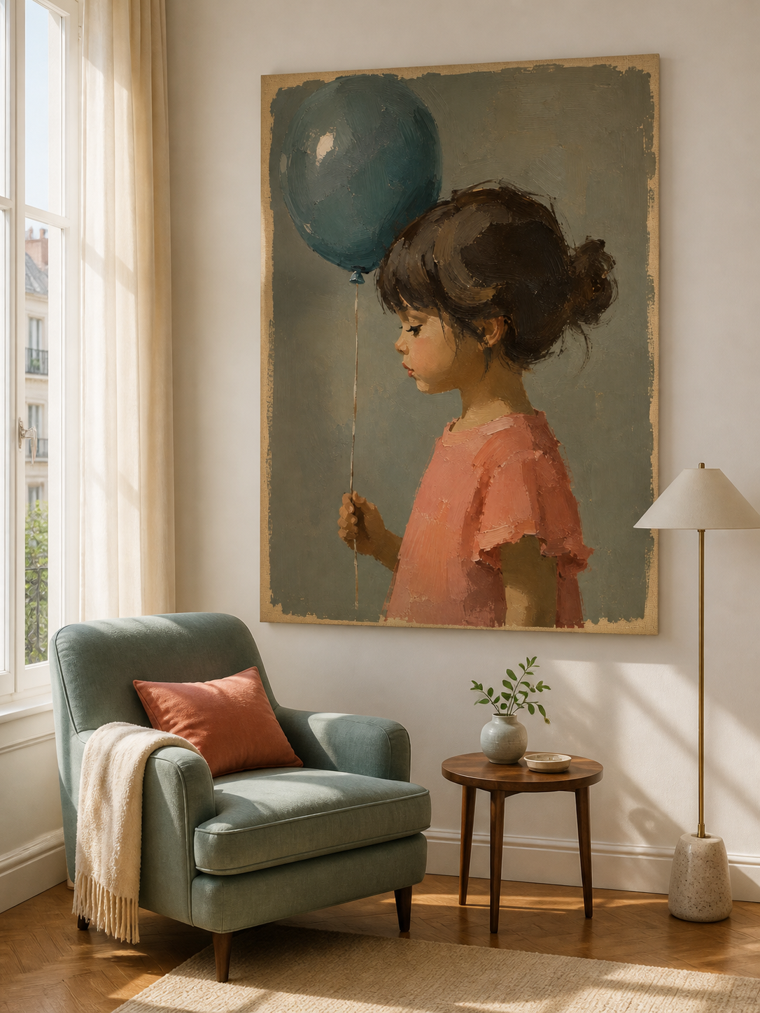 Girl with Blue Balloon Canvas Art, framed and hung on a wall