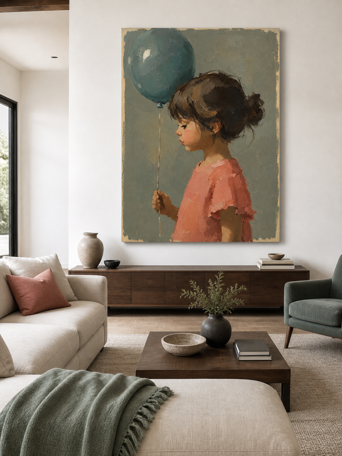 Girl with Blue Balloon Canvas Art, styled in a hallway
