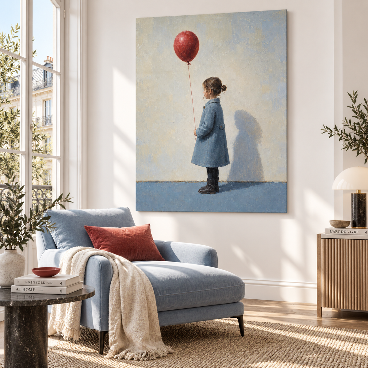 Girl with Red Balloon Canvas Art, framed and hung on a wall