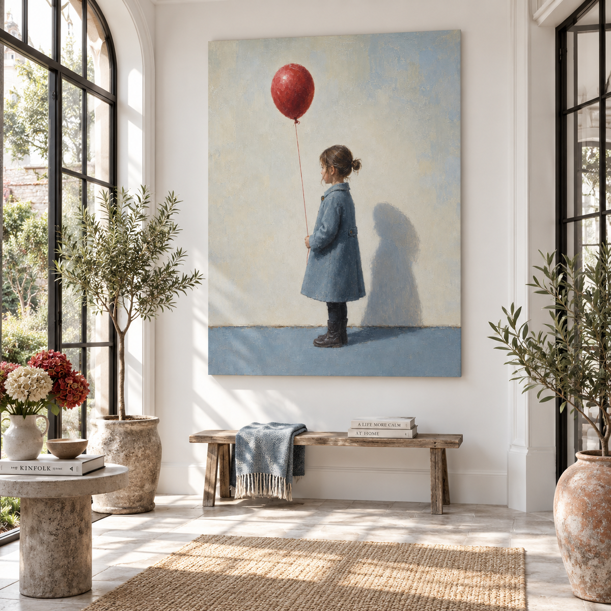Girl with Red Balloon Canvas Art, styled above a sofa