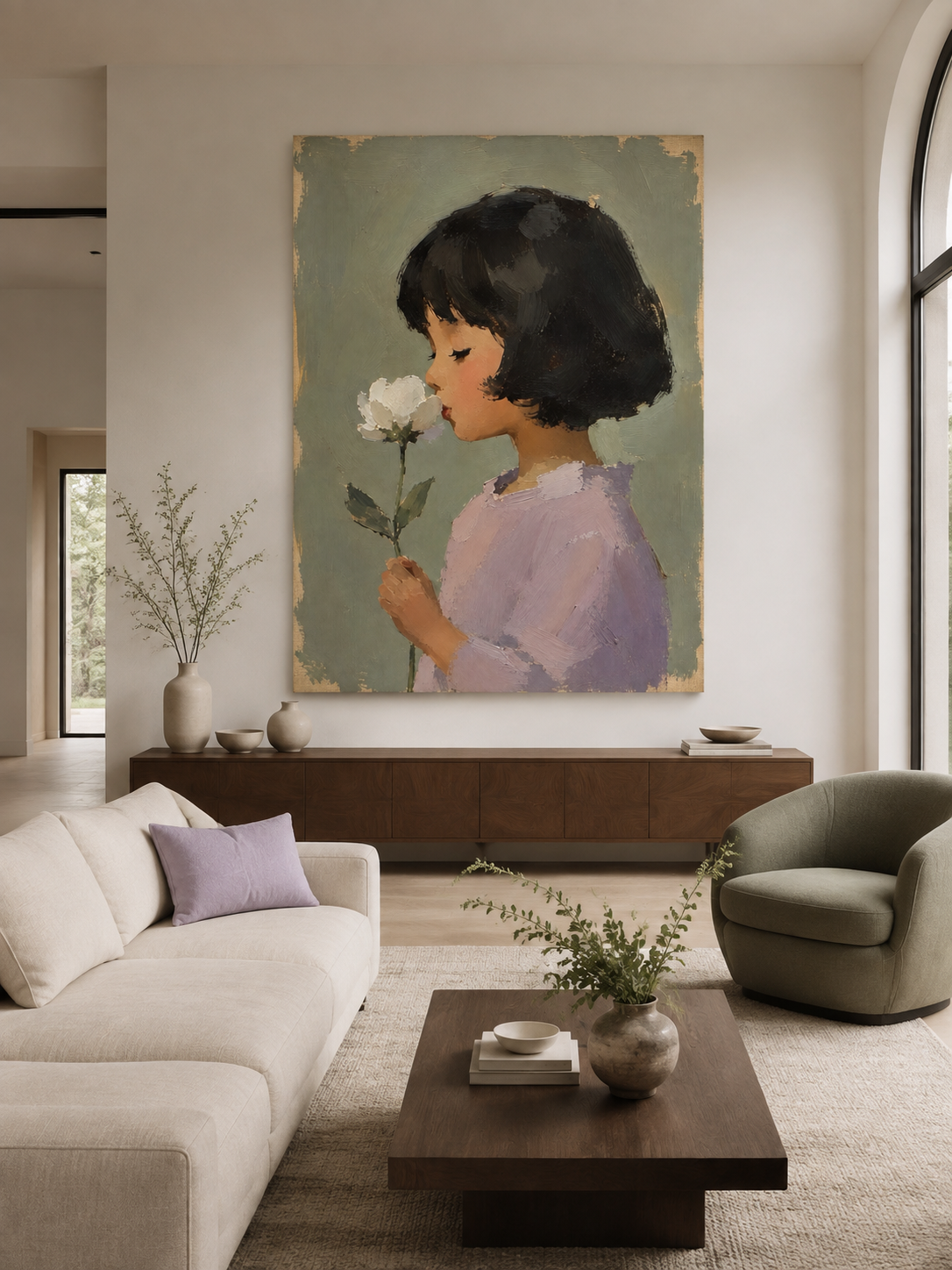 Girl with White Flower Canvas Art, framed and hung on a wall