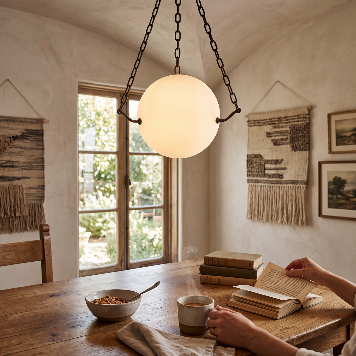 Globus Alabaster Pendant Light, lit and hanging in a styled room