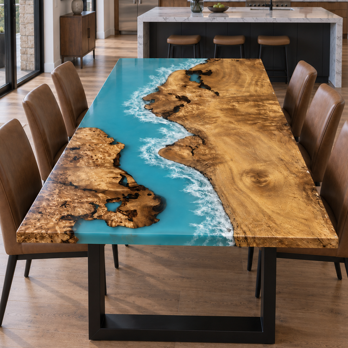 Golden Camphor Ocean Blue Dining Table, full tabletop view