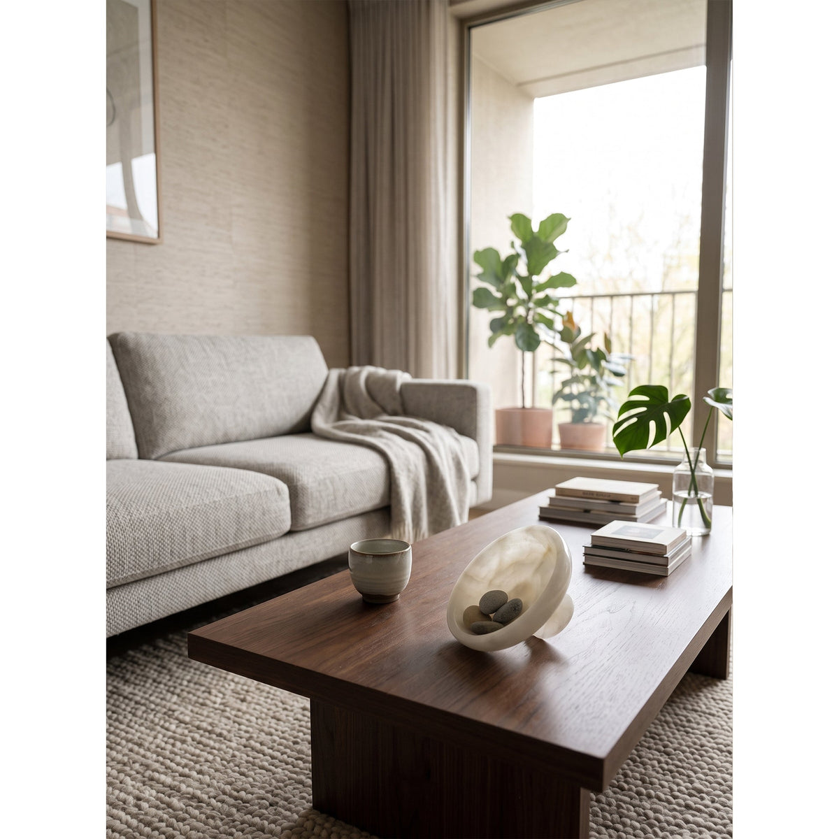 Harlow White Onyx Pedestal Bowl, styled on a console