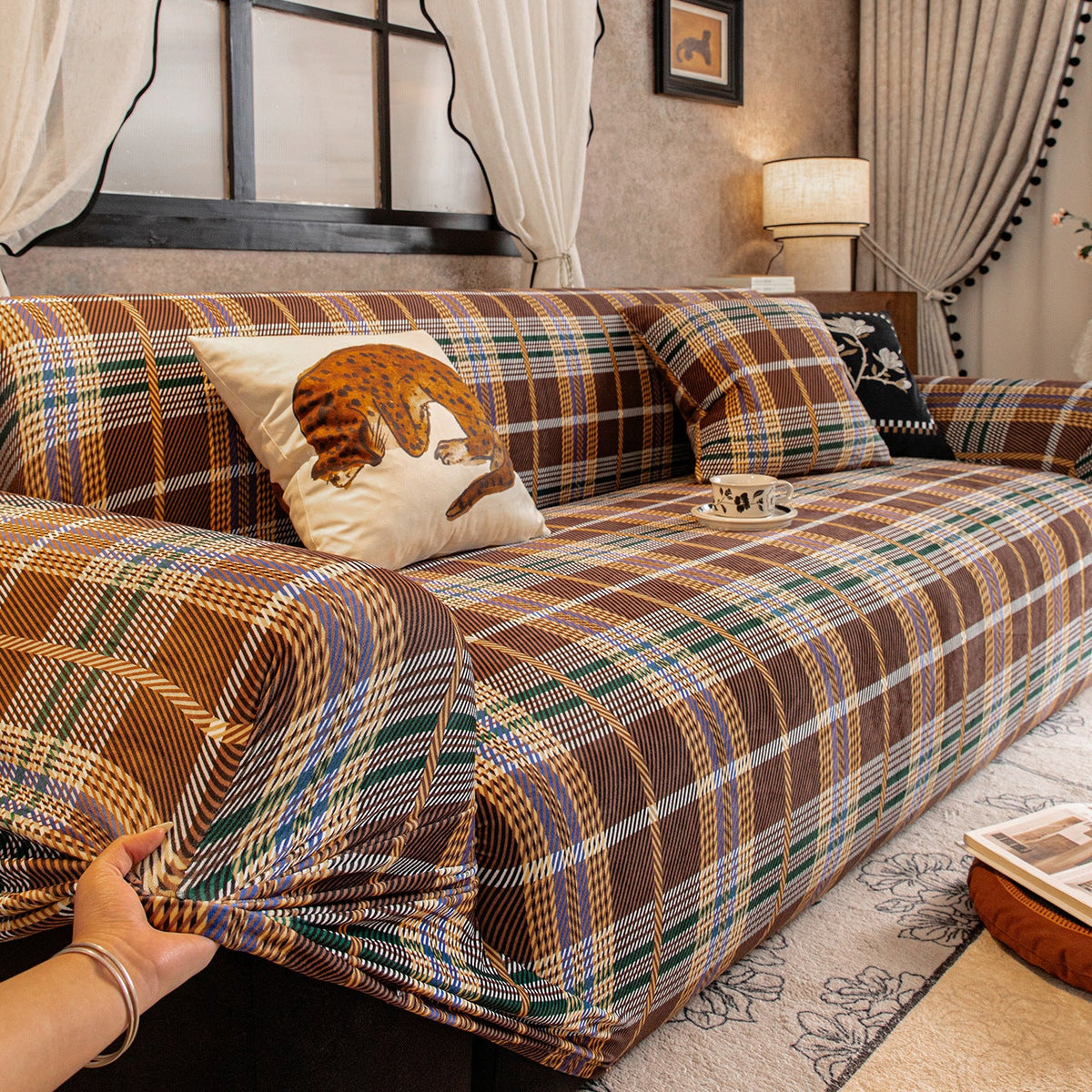 Heritage Plaid Velvet Sofa Slipcover, draped and styled view