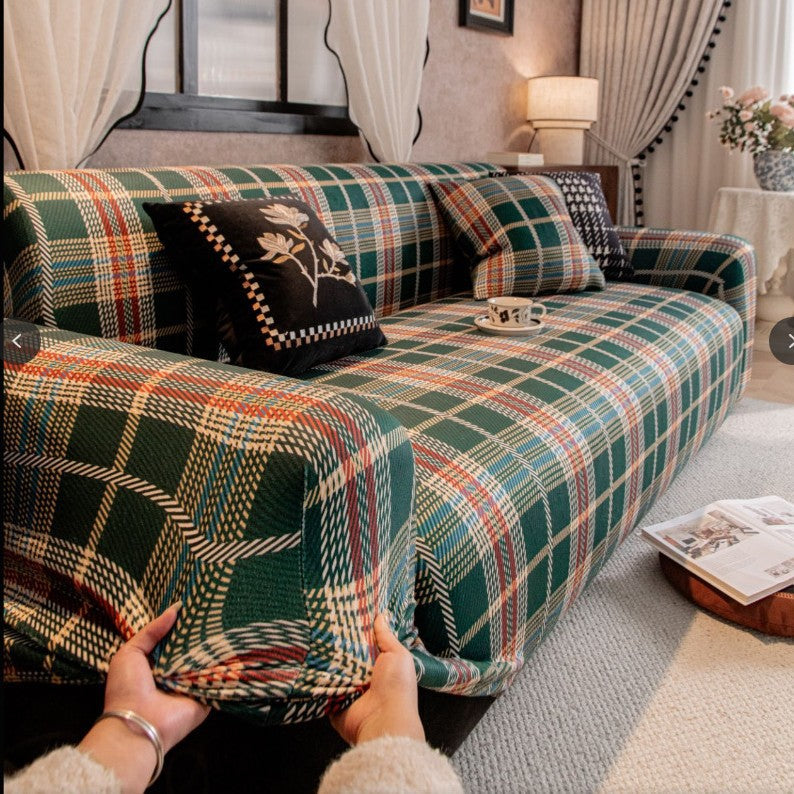 Heritage Plaid Velvet Sofa Slipcover, edge and trim detail