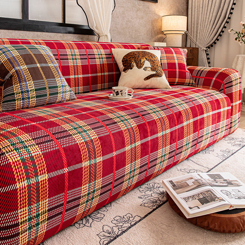 Heritage Plaid Velvet Sofa Slipcover, second draped and styled view