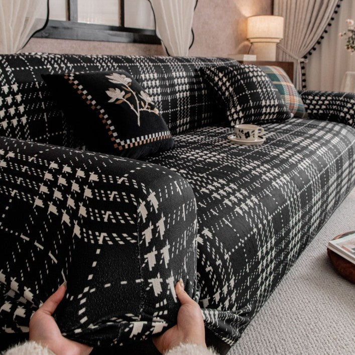 Heritage Plaid Velvet Sofa Slipcover, angled three quarter view