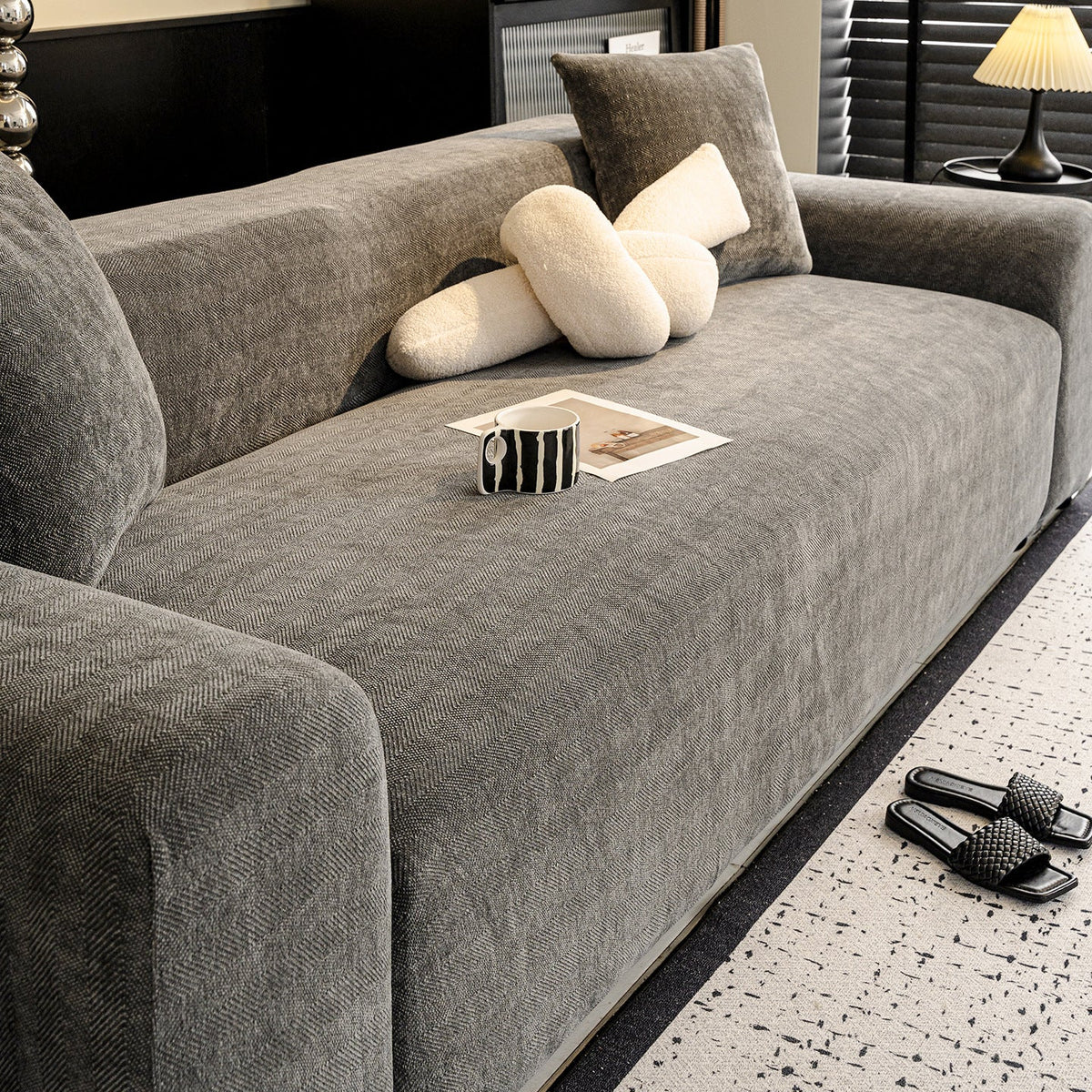 Herringbone Chenille Sofa Slipcover, draped and styled view