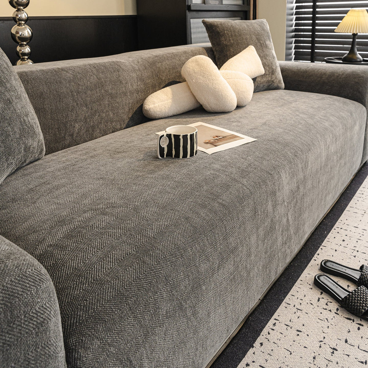 Herringbone Chenille Sofa Slipcover, styled in a living space