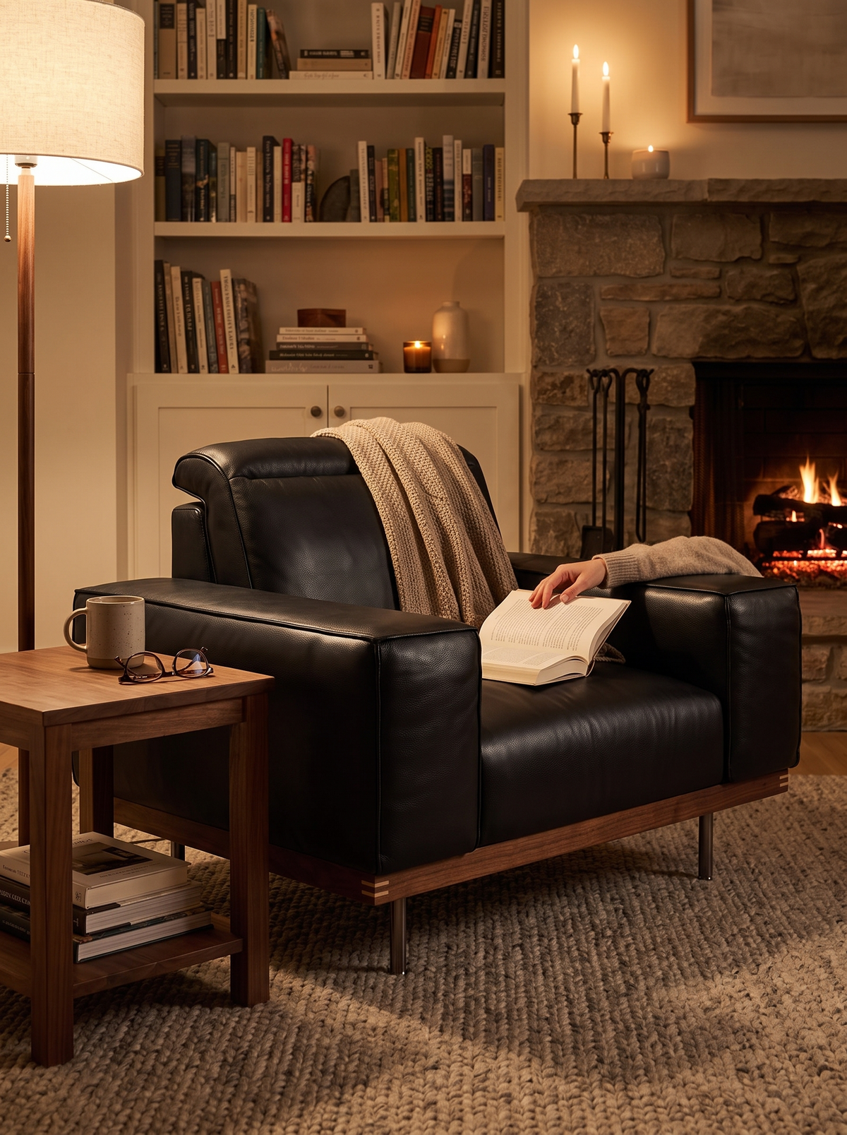 Japandi Genuine Leather 1 Seater Sofa RIVER evening support lifestyle