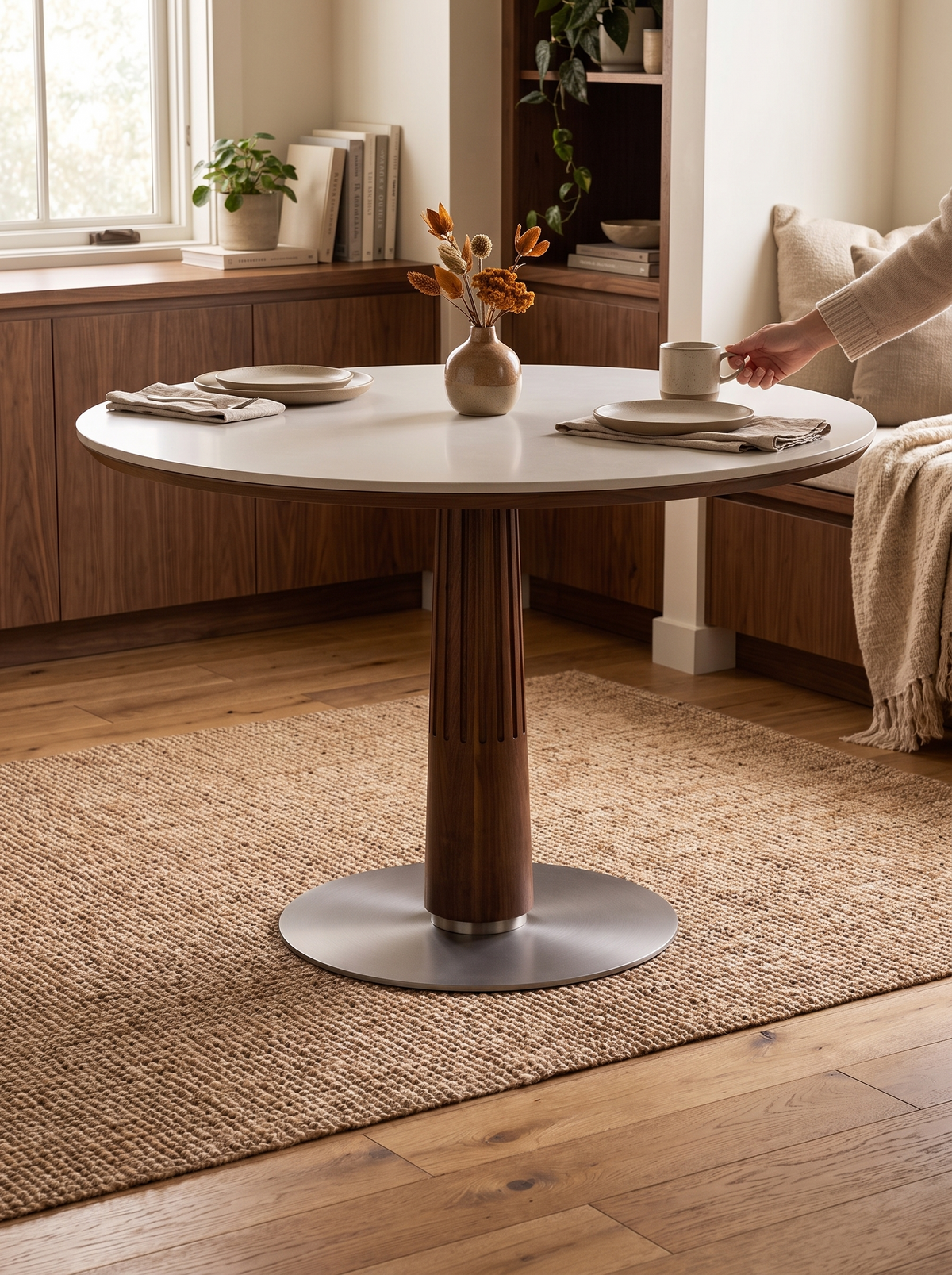 GREY round table walnut warmth lifestyle