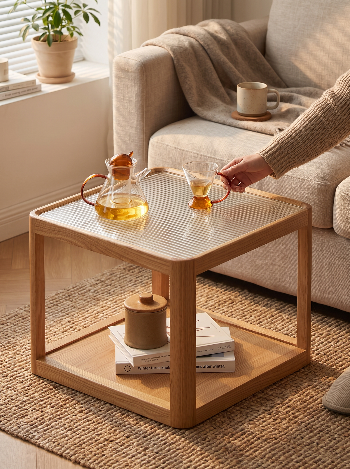 GLINT coffee table set oak and glass lifestyle