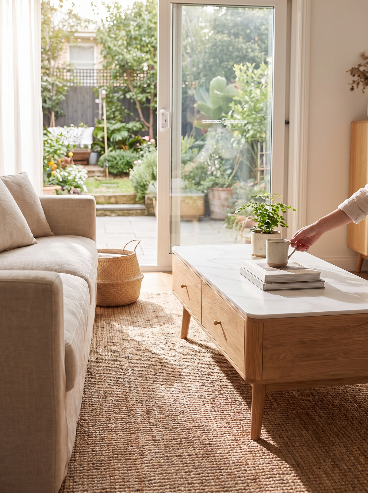 BEAM coffee table glass sliding doors lifestyle