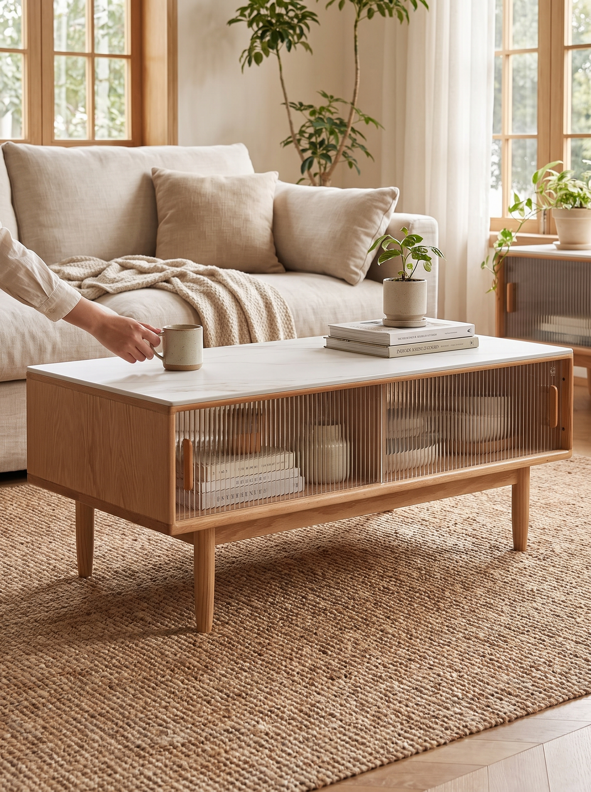 VISTA oak stone coffee table fluted glass lifestyle