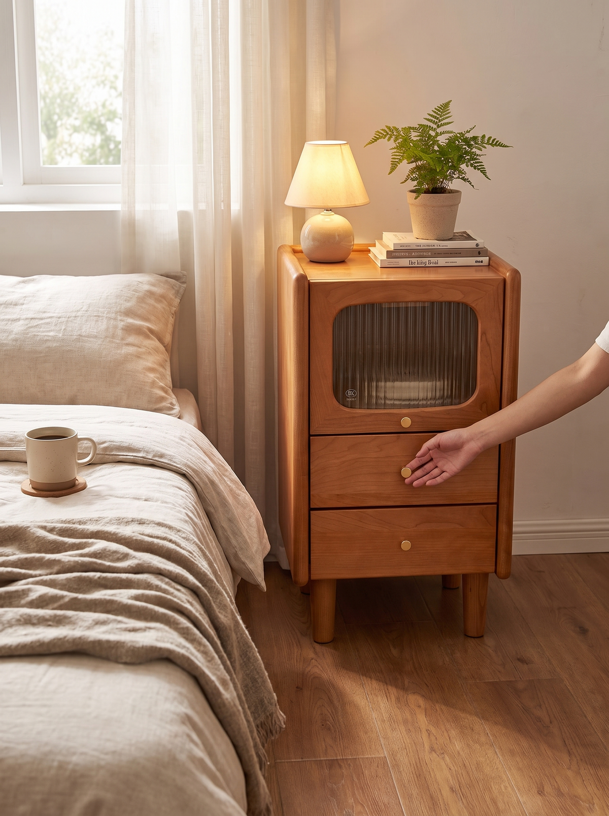SKYLAR cherry wood side table in a living room