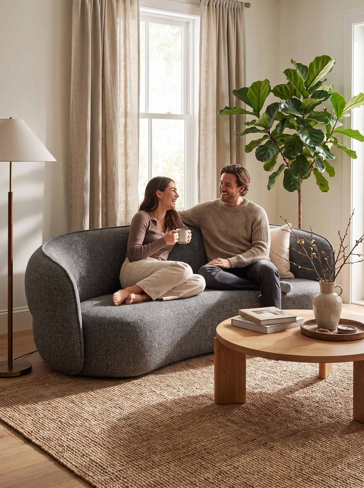 POD curved sofa with people talking