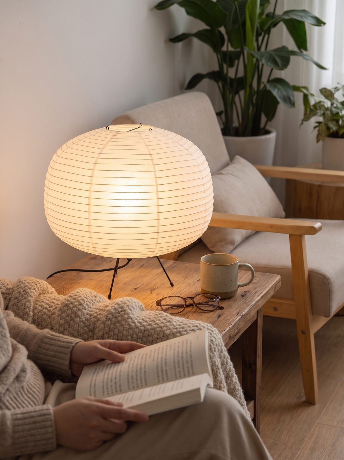 Japandi paper lamp glowing shade