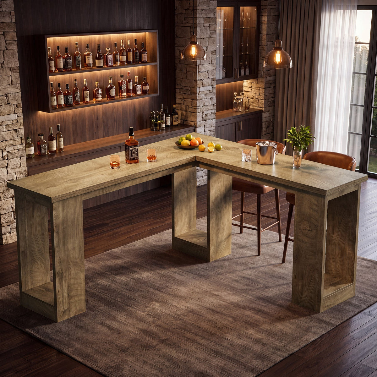L-Shaped Bar Table, drawer and handle detail