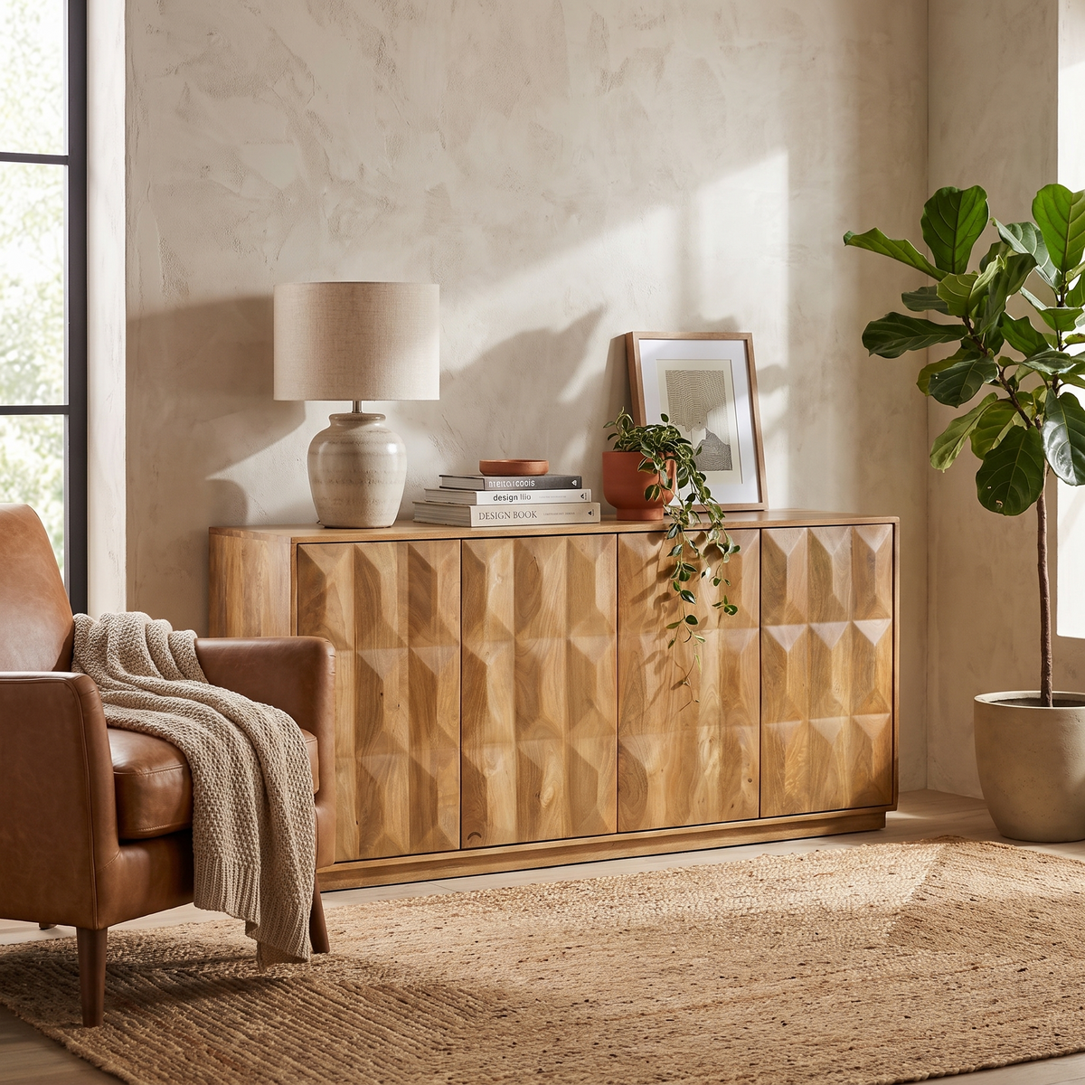 Laso Mango Wood Sideboard (72"), Natural, styled in a room setting