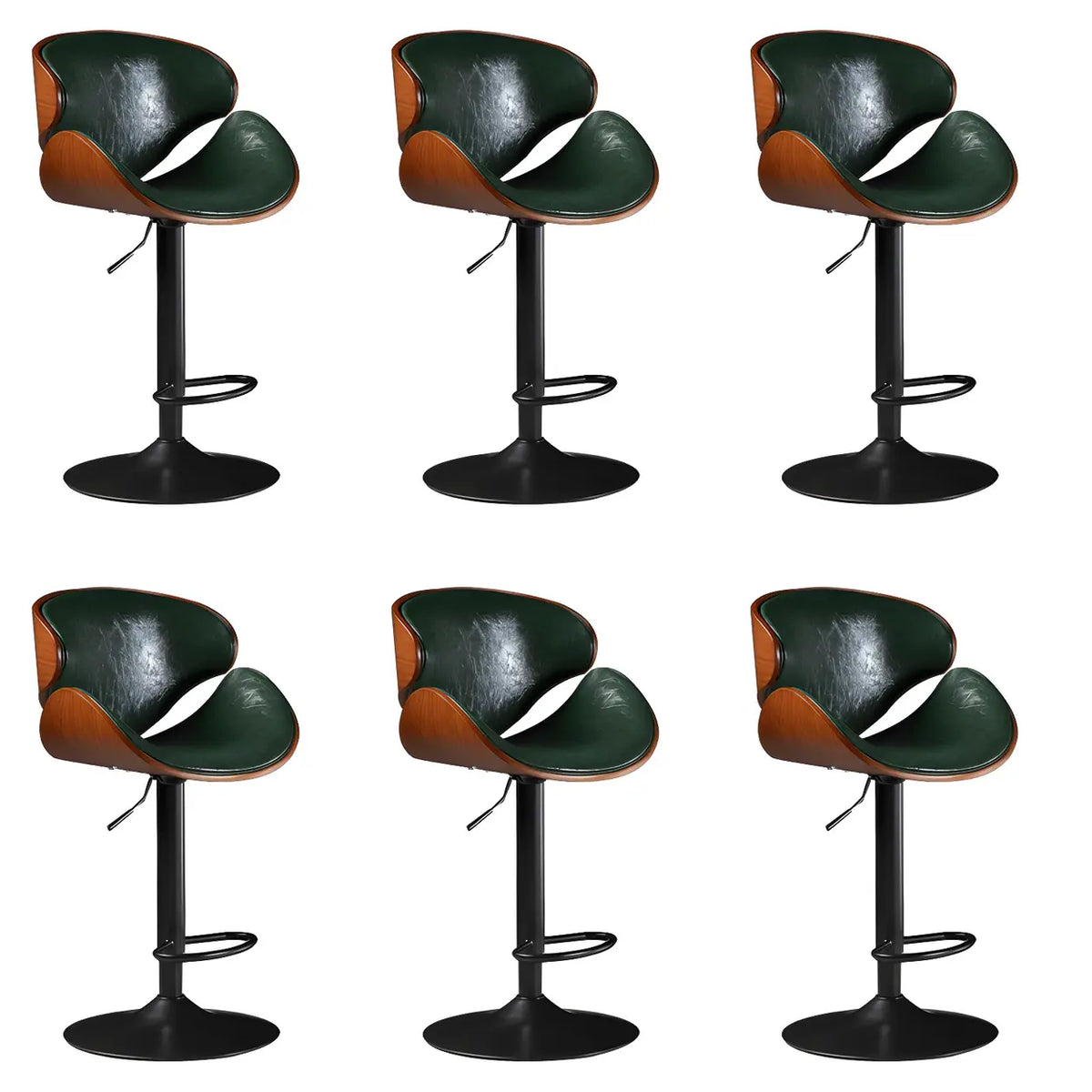 Leather Bucket Bar Stool with Curved Wood-Grain Shell & Low Back