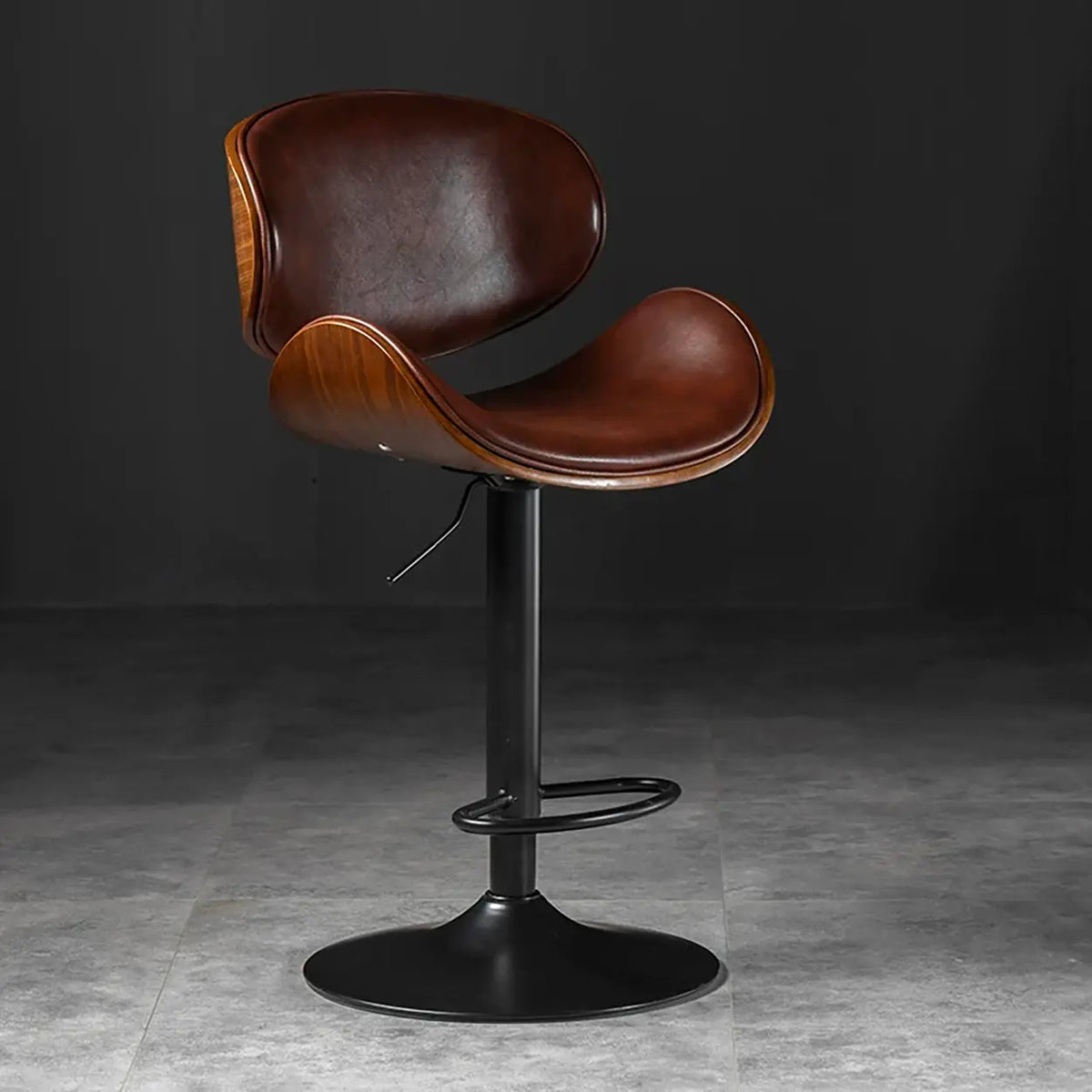 Leather Bucket Bar Stool with Curved Wood-Grain Shell & Low Back
