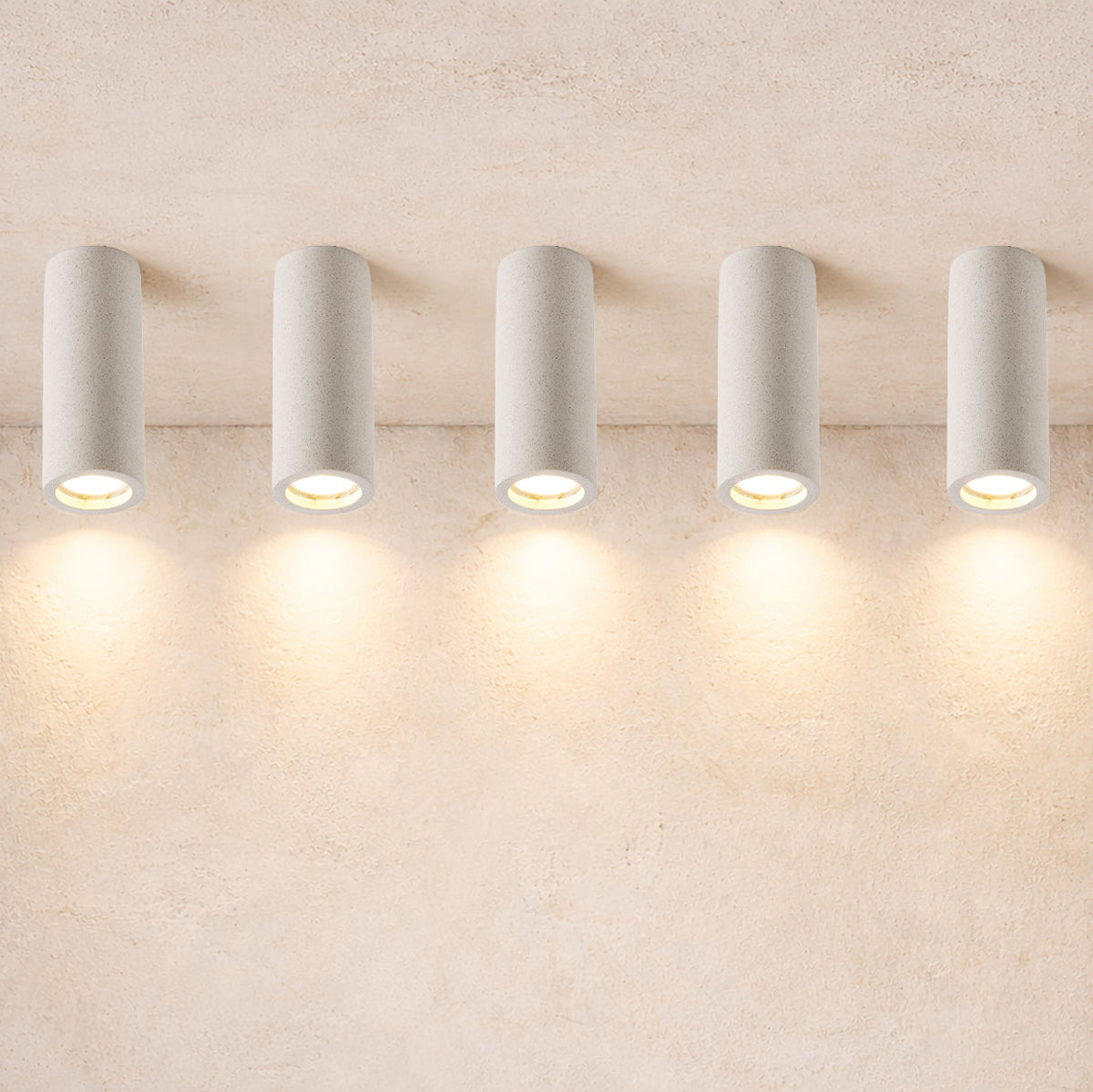 Lithos Minimalist Concrete Ceiling Light, styled in a hallway