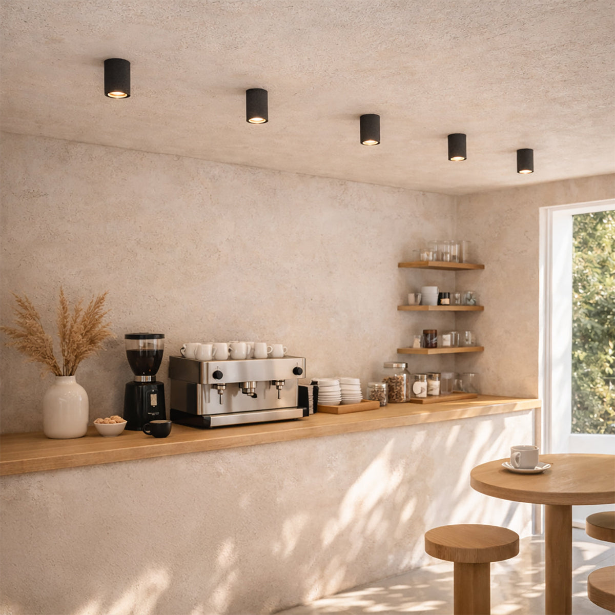 Lithos Minimalist Concrete Ceiling Light, styled above a table