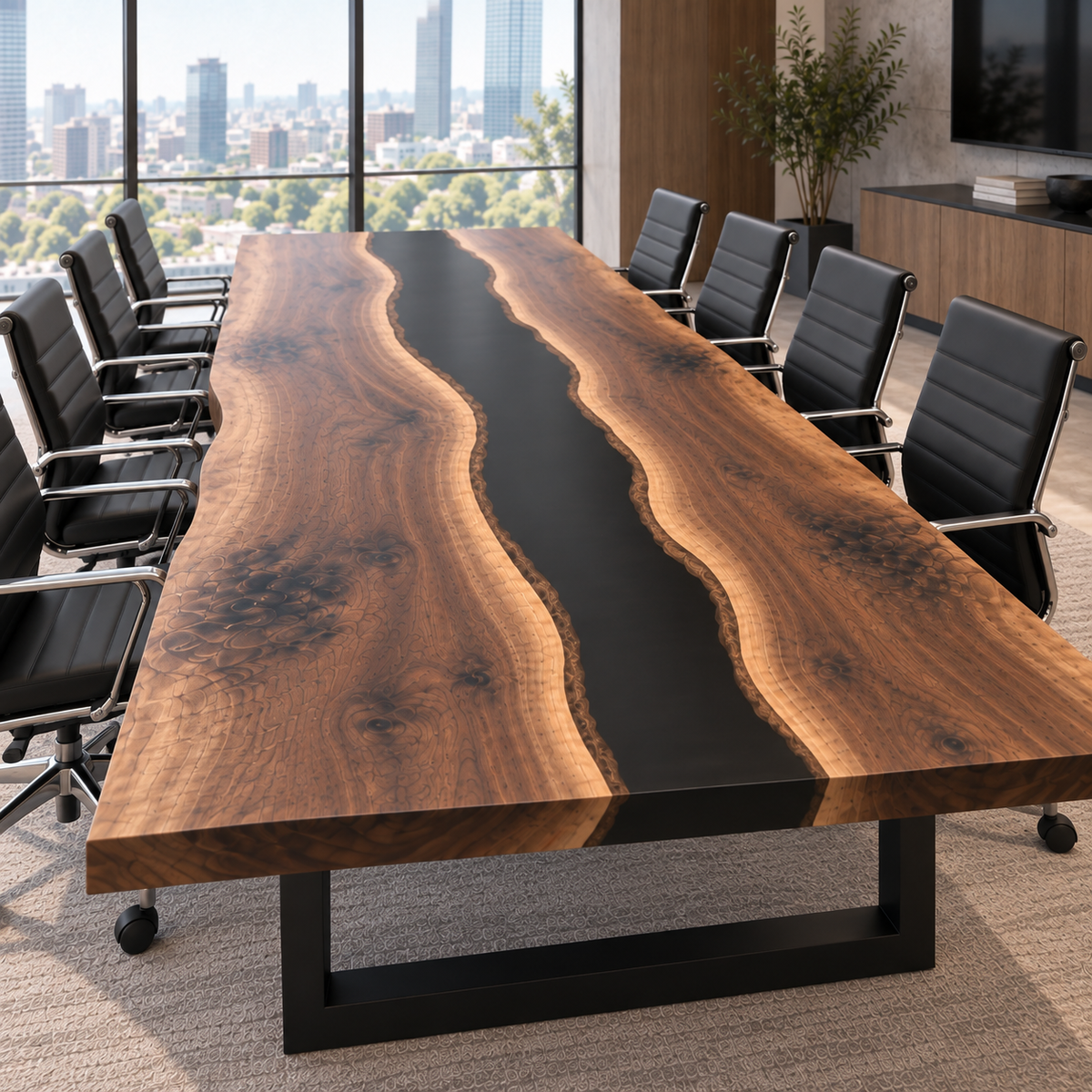 Live Edge Walnut Black Epoxy Table, styled in a dining space