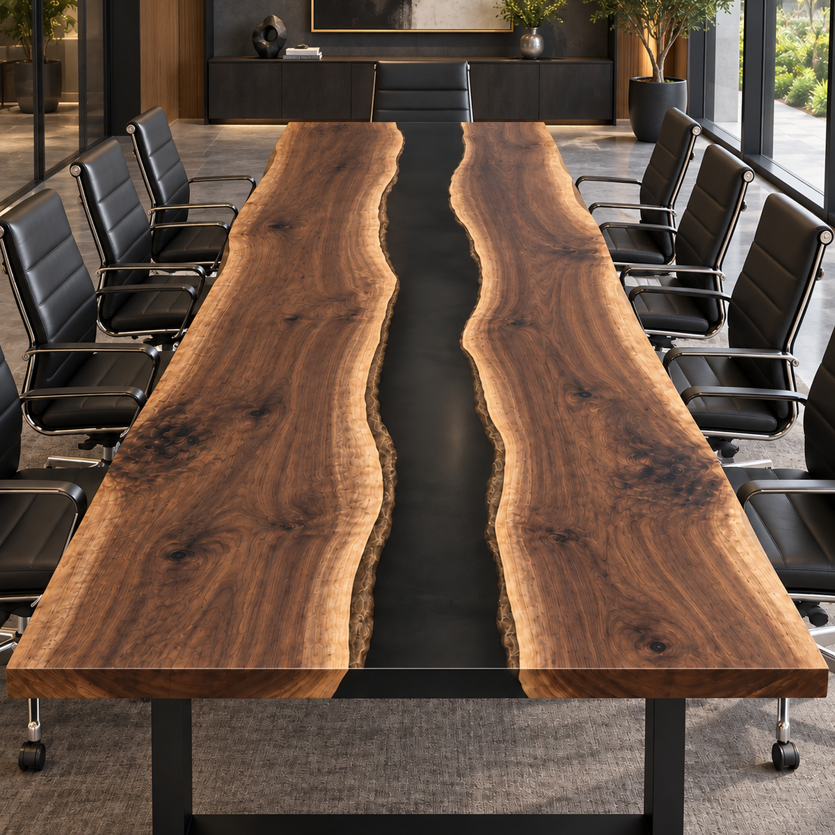 Live Edge Walnut Black Epoxy Table, edge and grain detail