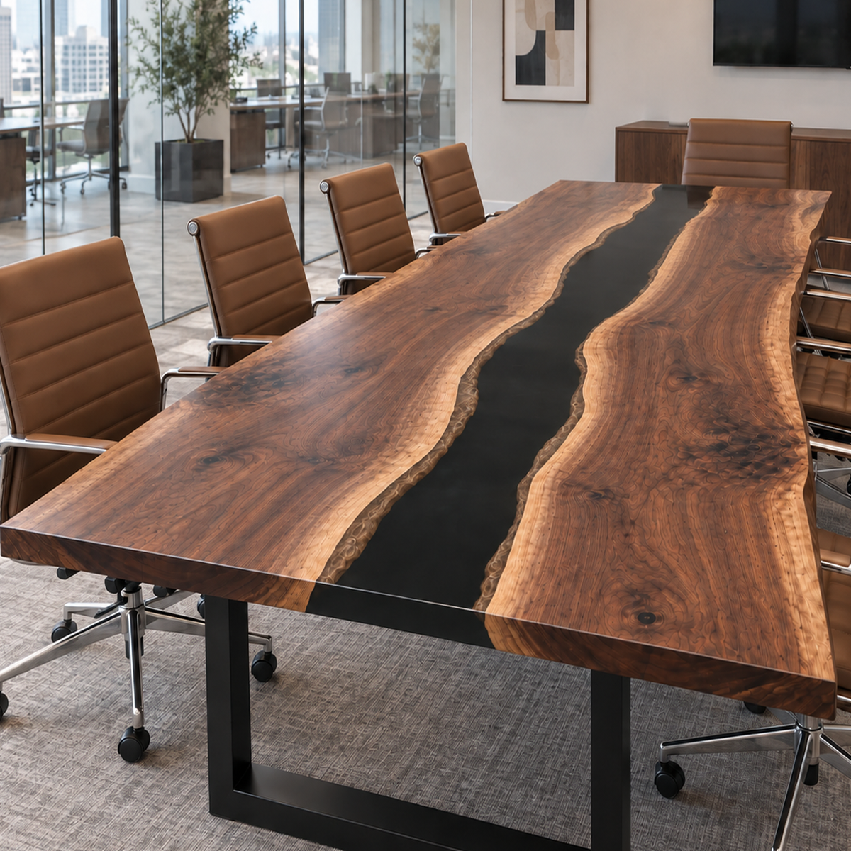 Live Edge Walnut Black Epoxy Table, surface finish close up