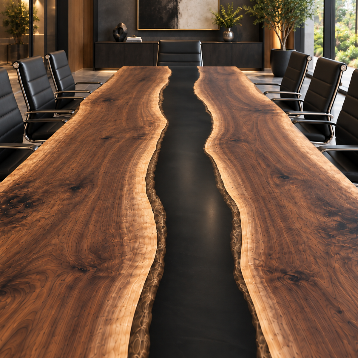 Live Edge Walnut Black Epoxy Table, leg and base detail