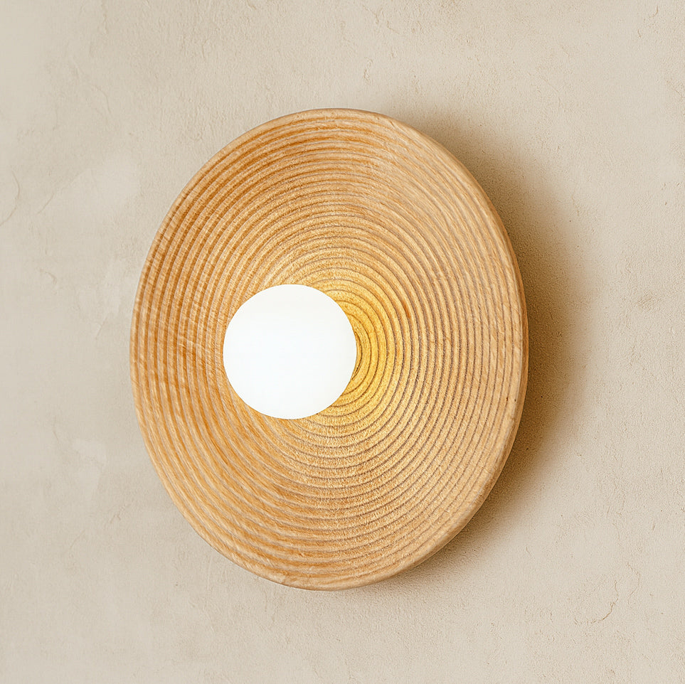 Longleaf Natural Wooden Plate Wall Light, full fixture view