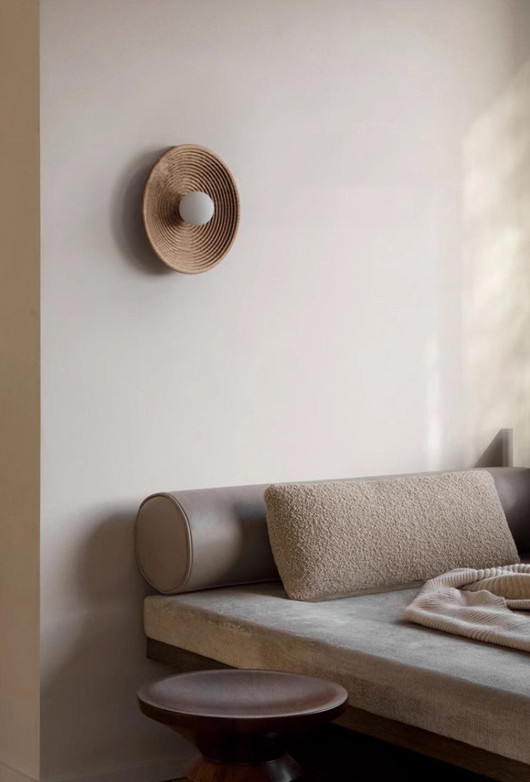 Longleaf Natural Wooden Plate Wall Light, styled in a hallway