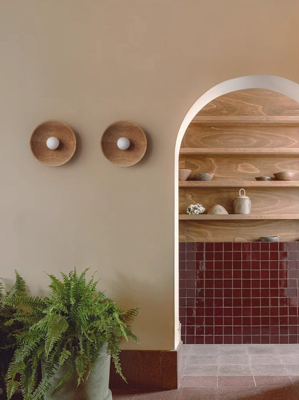 Longleaf Natural Wooden Plate Wall Light, fixture lit in a room (2)