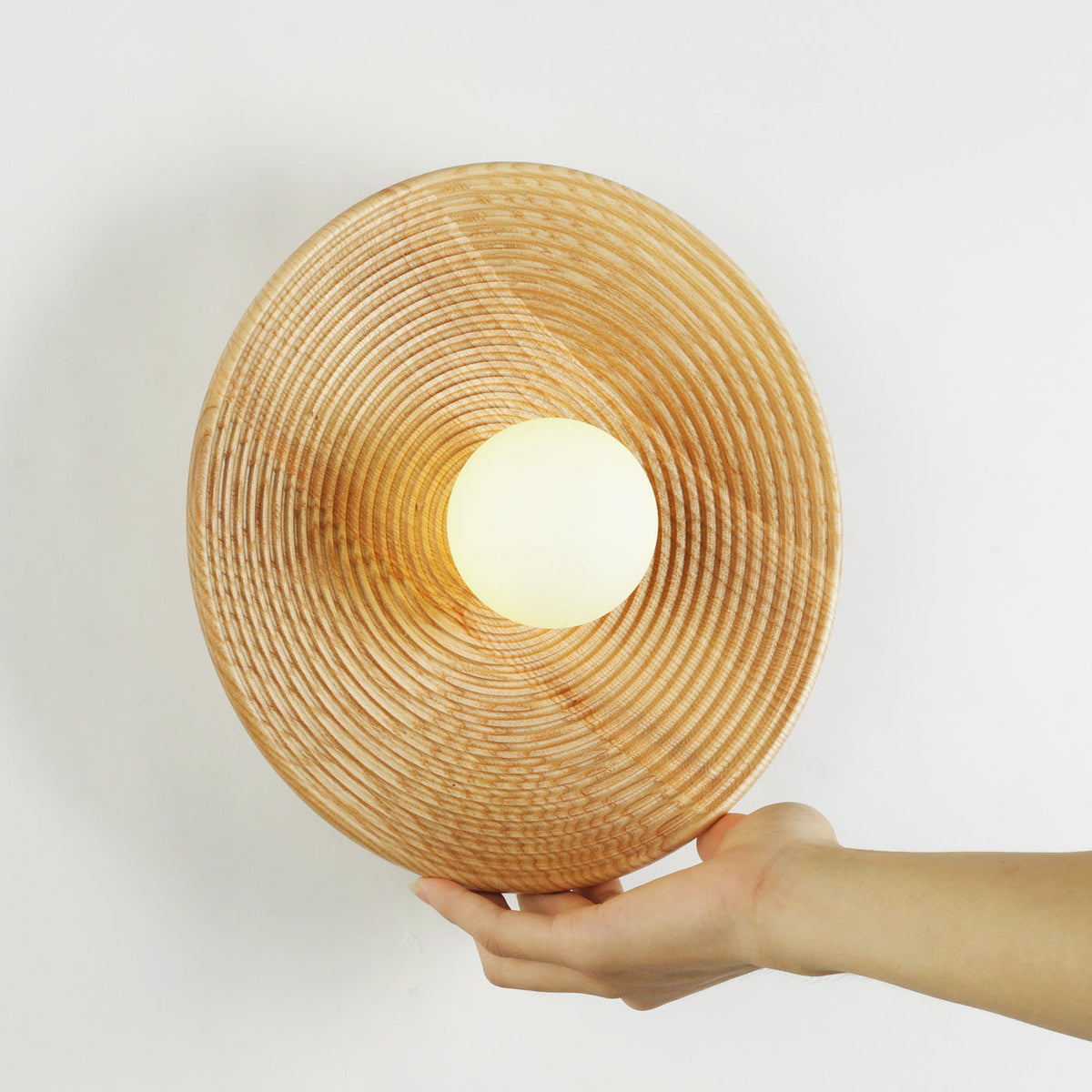Longleaf Natural Wooden Plate Wall Light, shade and diffuser detail
