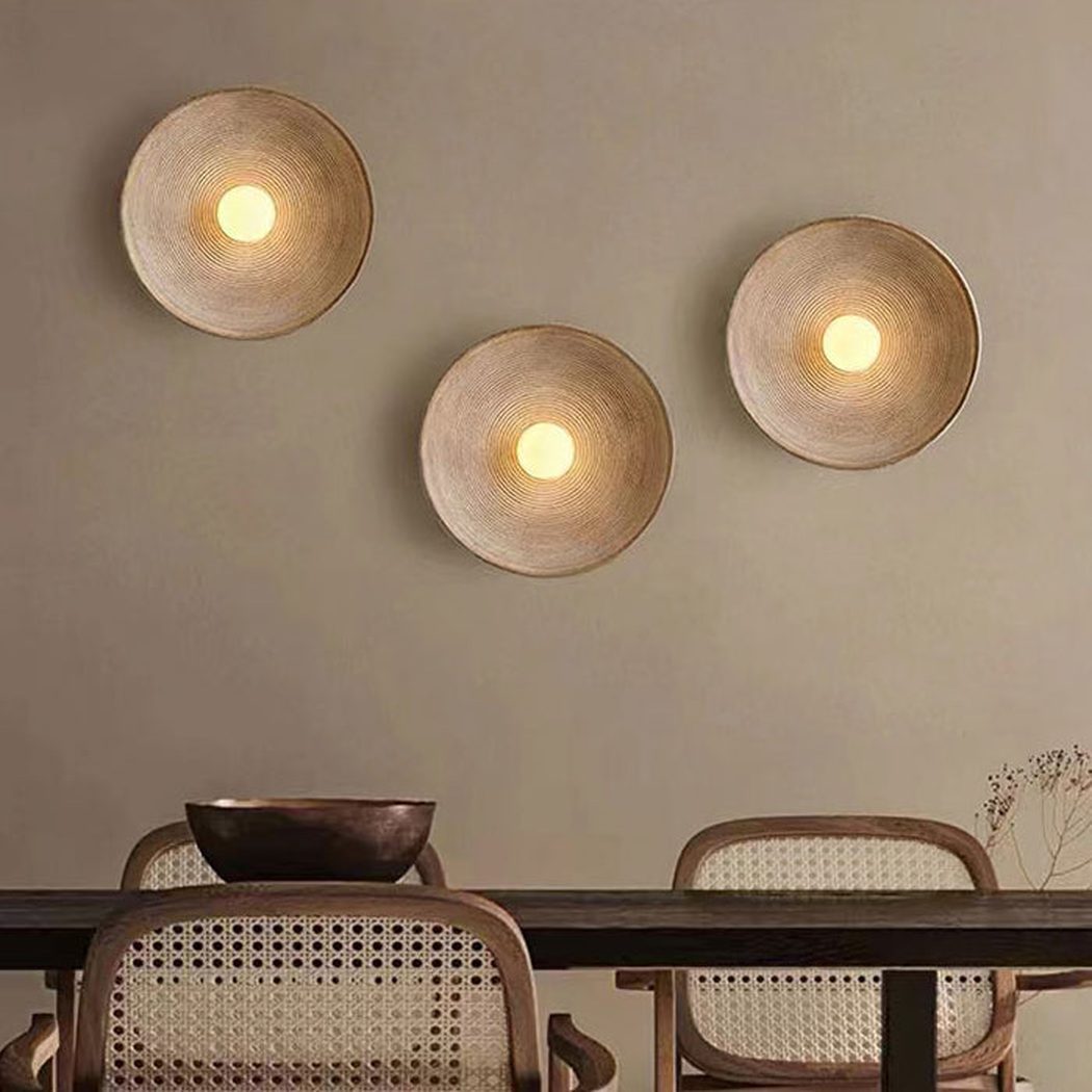 Longleaf Wooden Texture Plate Wall Light In White, fixture lit in a room