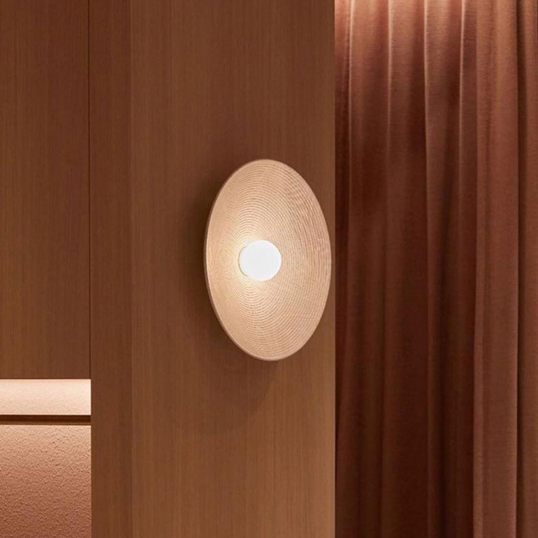Longleaf Wooden Texture Plate Wall Light In White, mounted on the wall