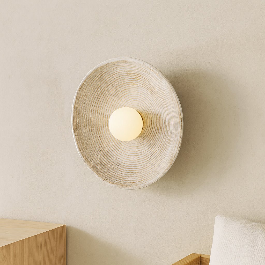Longleaf Wooden Texture Plate Wall Light In White, side profile