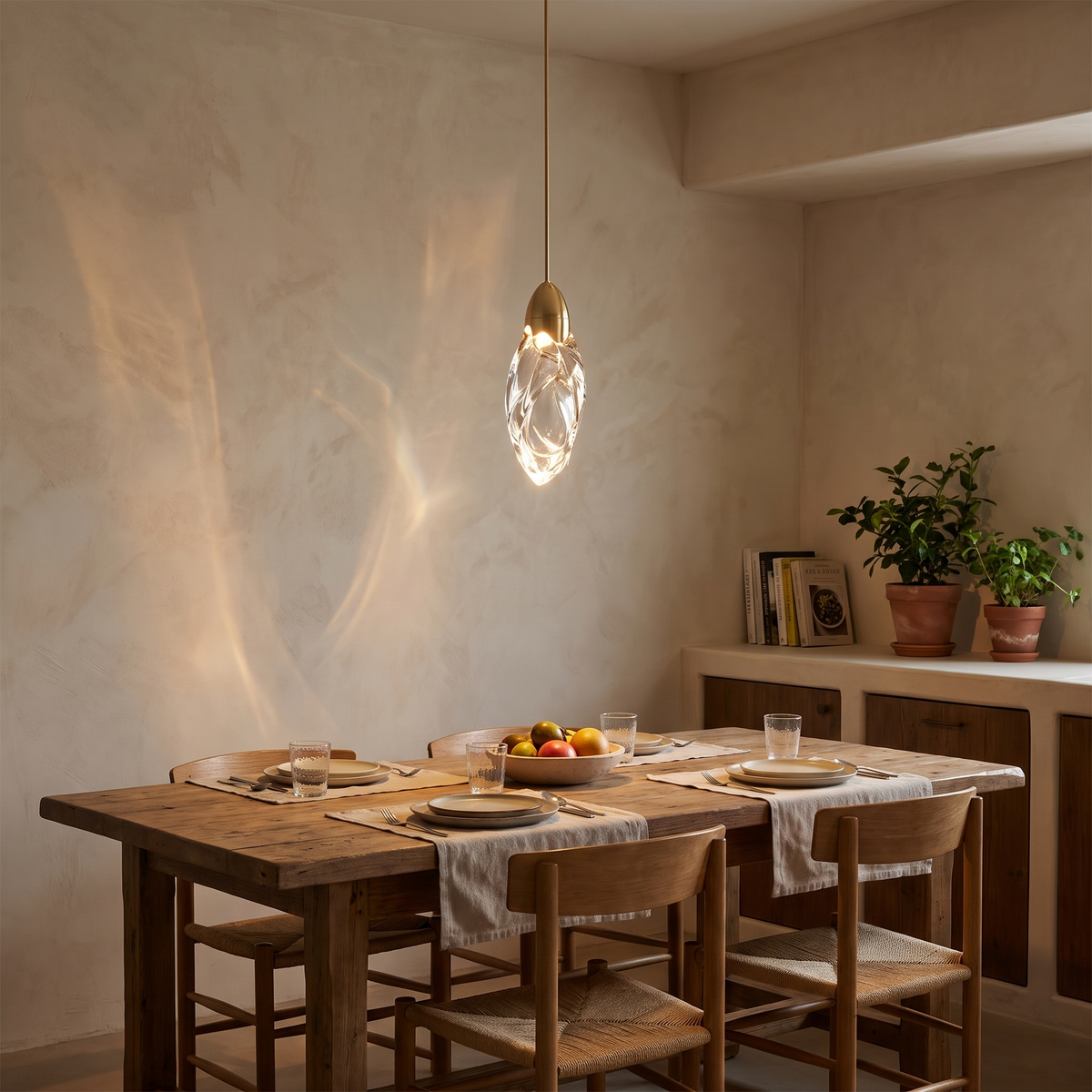 Lufina Metal Pendant Light, lit and hanging in a styled room