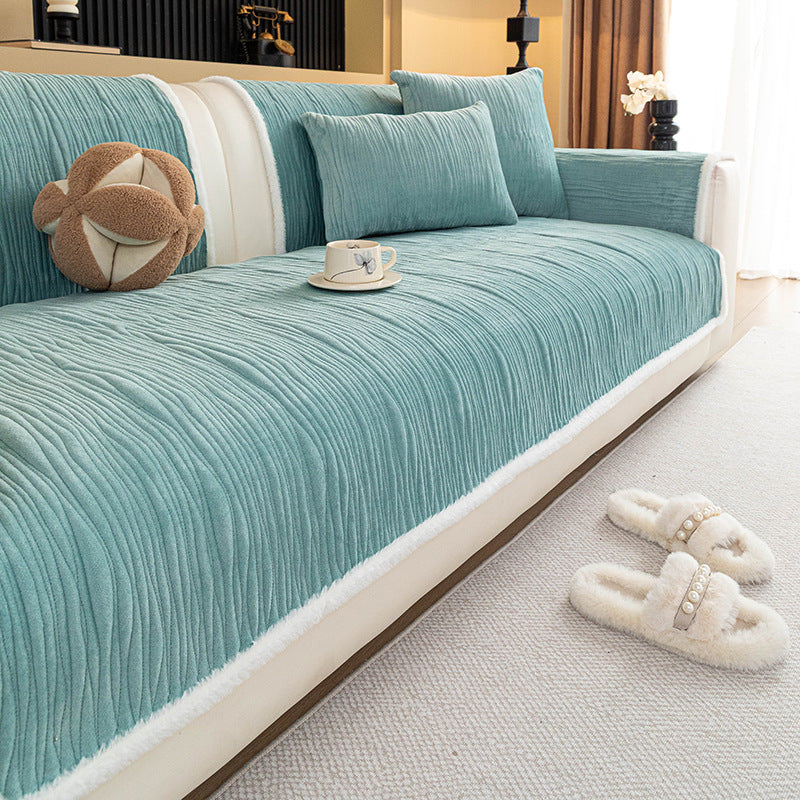 Luxe Crystal Velvet Sofa Protector, draped and styled view