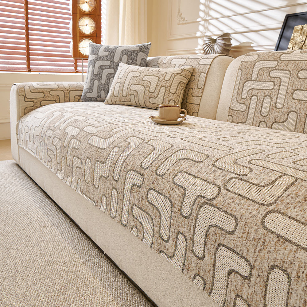 Luxury Maze Chenille Sectional Sofa Cover, beige finish