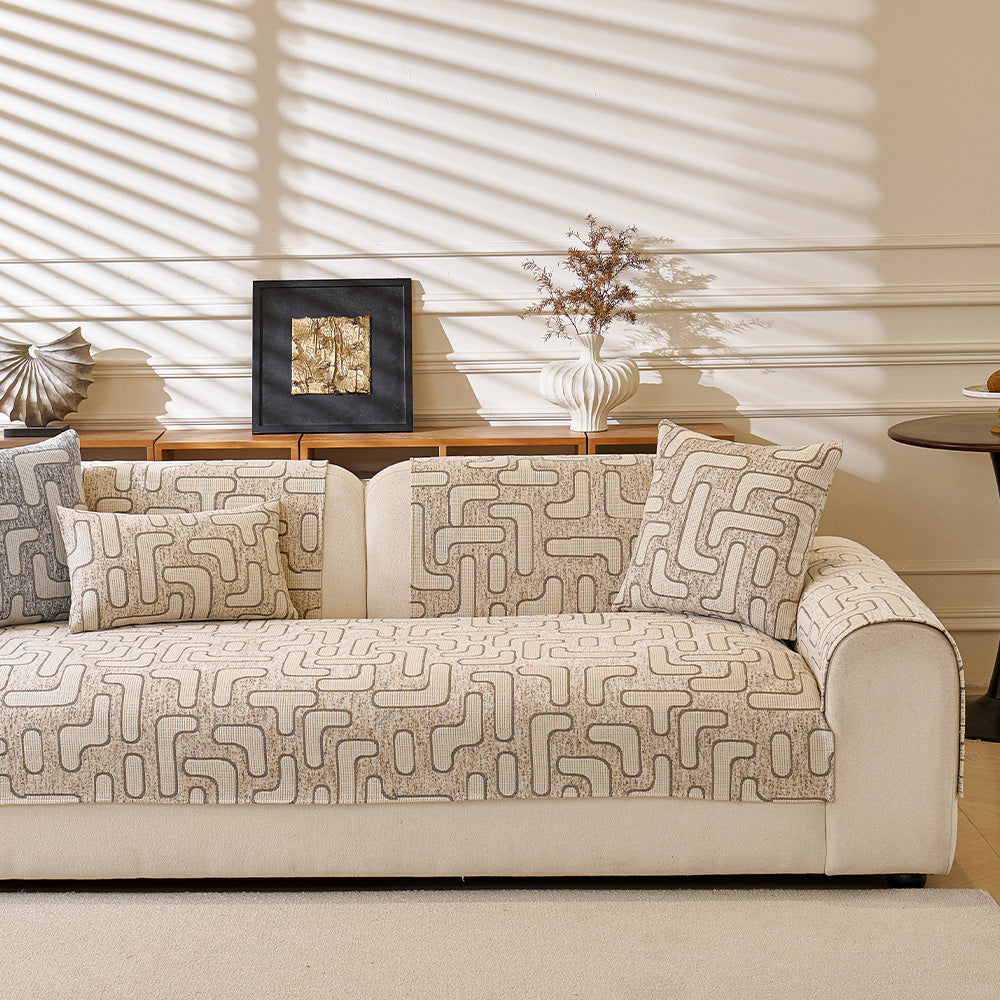 Luxury Maze Chenille Sectional Sofa Cover, draped and styled view