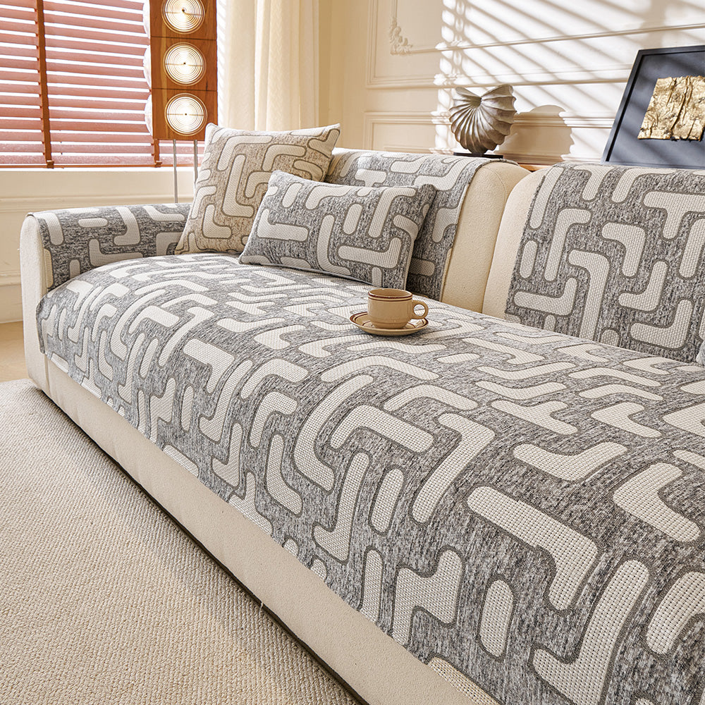 Luxury Maze Chenille Sectional Sofa Cover, gray finish