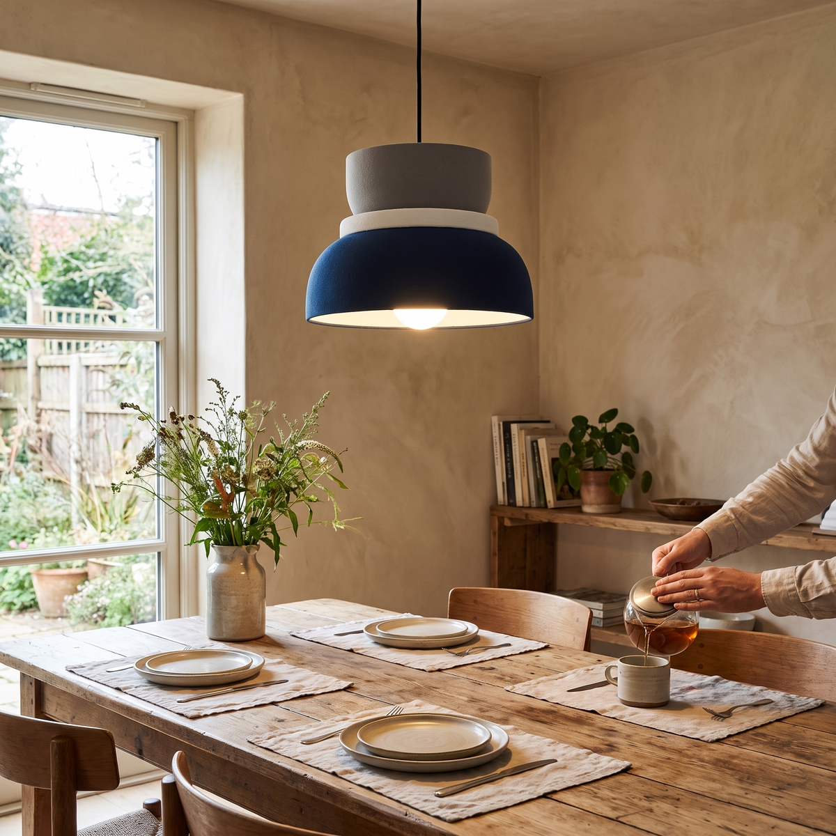 Macaron Metal Pendant Light, lit and hanging in a styled room
