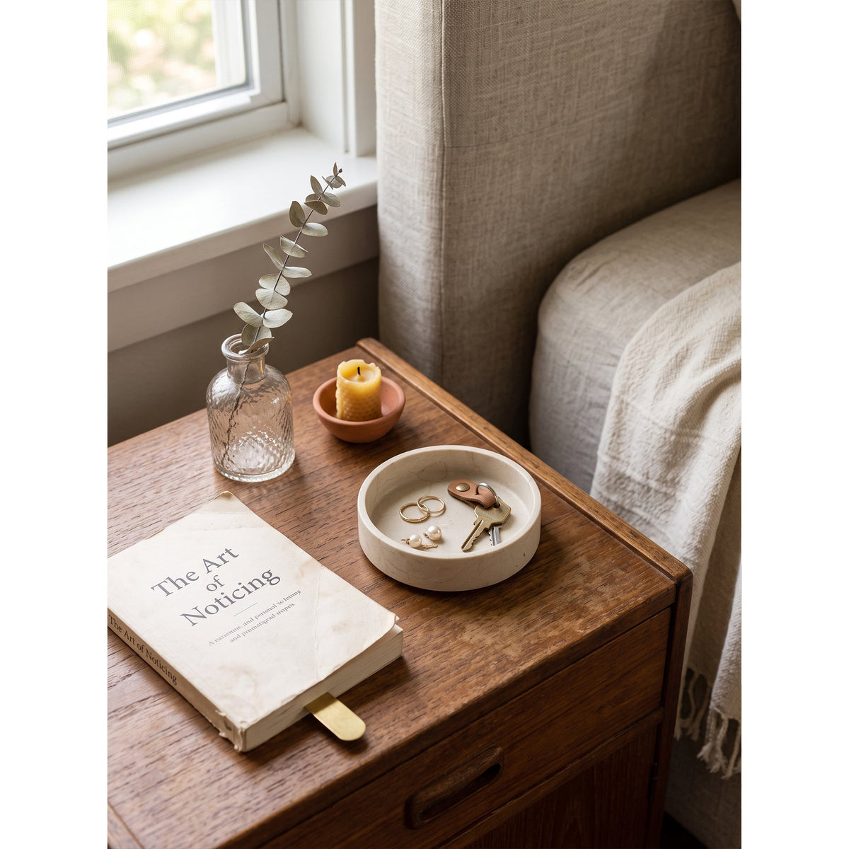 Maren Marble Catchall Dish, styled on a console