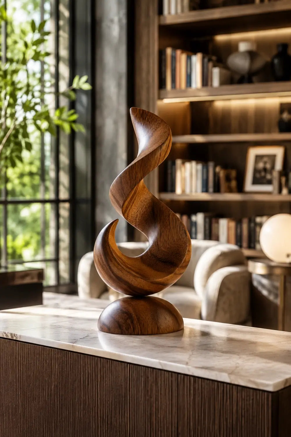 Meridian Abstract Wood Sculpture, held for scale