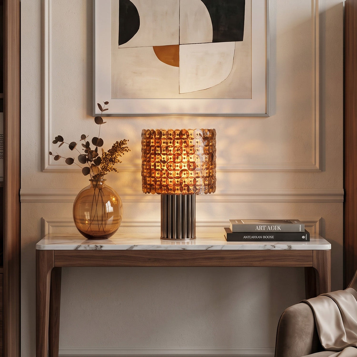 Naerix Shell Table Lamp, styled on a console