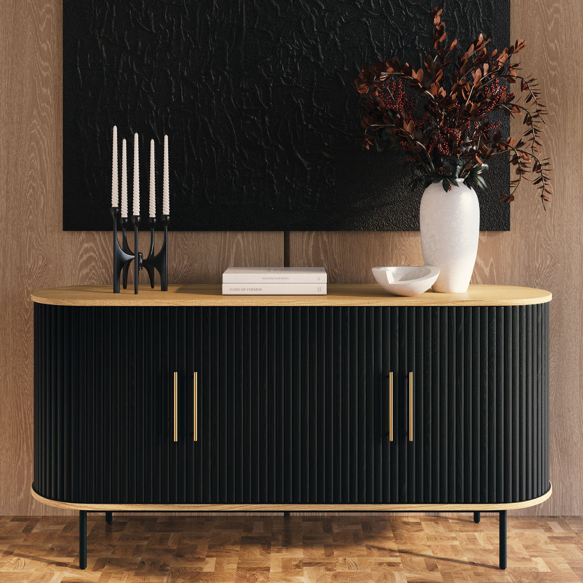 Noir 65" Oak Sideboard, Black, second styled room view